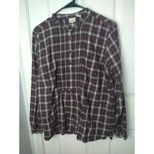 L.L. Bean Woman L Brown Plaid LS Button Front Pleated Side Slit  Shirt Casual